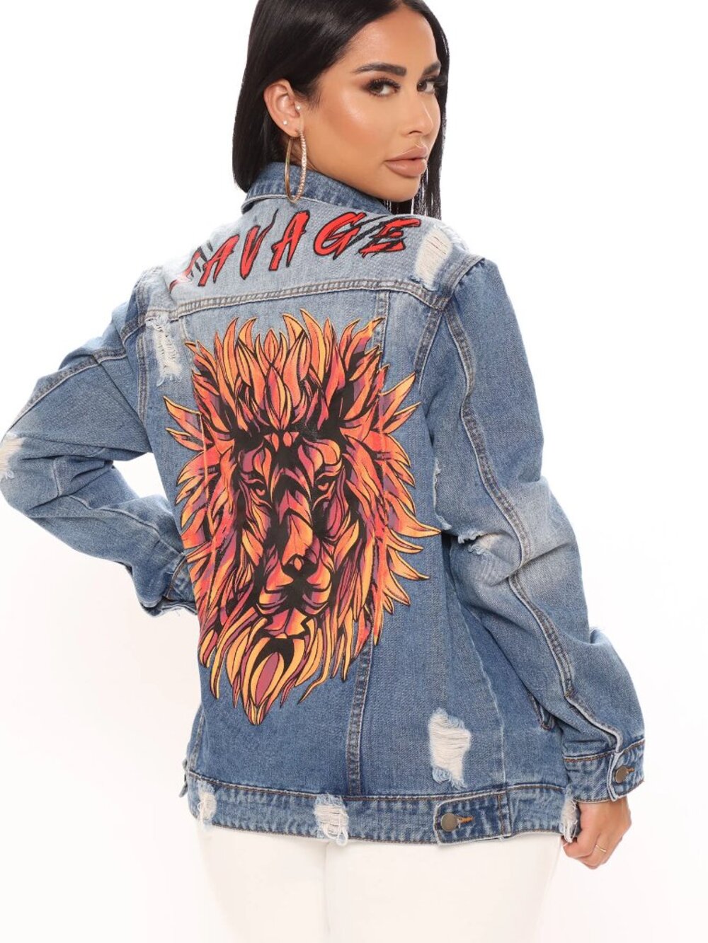Fashion Nova Savage Lion Denim Jacket L 100% Cotton Statement Streetwear Grunge